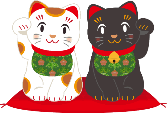 商用フリー・無料イラスト_招き猫白黒_白（右手上げ）_黒（黒左手上げ）"